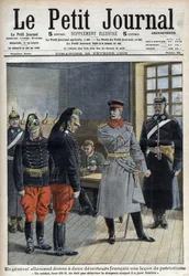 Ein deutscher General gibt zwei französischen Deserteuren (Dragonern eines Grenzregiments) eine Lektion in Patriotismus - „Ein Soldat darf die Fahne, der er Treue geschworen hat, nicht verlassen“ - „Le Petit Journal“ vom 28. Februar 1909
