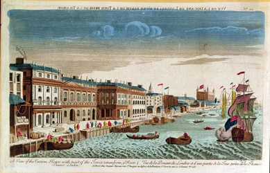 Ansicht des Zollhauses mit einem Teil des Turms, vom Fluss Thames aus gesehen, London, Mitte des 18. Jahrhunderts (Farbgravur)