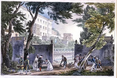 Eine Villa in Rom, graviert von Villain, um 1820