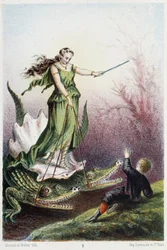 Ein Junge vor einer Frau auf einem von zwei Krokodilen gezogenen Wagen - in „Reise zum Meeresgrund“ von H. de la Blanchère. Paris, ed. Jouvet et Cie, sd. 1880