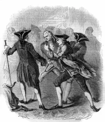 Eine Konfrontation zwischen „Gluckisten“ und „Piccinisten“, die die Rivalität zwischen den Komponisten Christoph Willibald Gluck und Niccolò Vito Piccinni illustriert. Gravur von 1856
