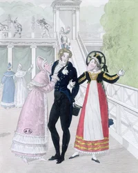 Ein Dandy wird von zwei maskierten Frauen umworben, aus der Serie Le Bon Genre