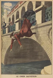 Ein Hund rettet eine Frau vor dem Sturz von einer Brücke (Farblithografie)