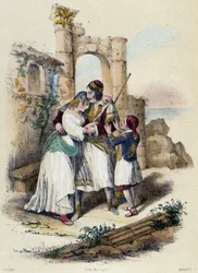 Eine von Ruinen umgebene Familie; Illustration zu Griechenland in „Die zwölf Nationen“ von M. E. Fouinet