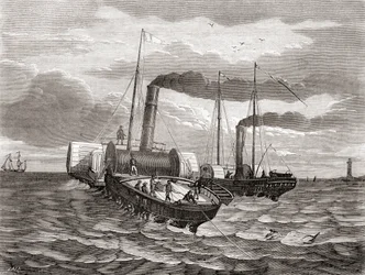 Ein erster Versuch im Jahr 1850 von John Watkins Bretts Anglo-French Telegraph Company, die erste Leitung unter dem Ärmelkanal von Dover nach Calais zu verlegen, mit den umgebauten Schleppern Goliath und Widgeon, aus 