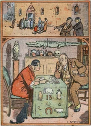 Ein Mann verspottet Gläubige auf dem Weg zur Messe. Derselbe Mann hört aufmerksam den Worten eines Hellsehers zu. Karikatur in „Le Pelerin“ 26. Februar