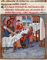 Ein Mann teilt seinen Tisch mit einem Bedürftigen. Miniatur aus „Le livre de bonnes mœurs de Jacques Legrand“ 1490 Chantilly, Musée Condé