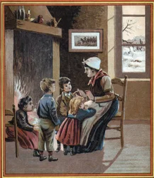 Eine Mutter erzählt ihren Kindern Geschichten am Feuer. Umschlag des Buches „Les tales du foyer pour les petits“. Anonyme Gravur aus dem 19. Jahrhundert.