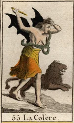 Darstellung des Zorns, in Lumpen gekleidet, sie hält einen Dolch und reißt sich die Haare aus. Aus „Mythologie de la jeunesse“ von Pierre Blanchard 1803.