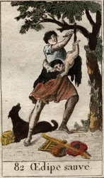 Ein Hirte rettet Ödipus als Kind, das von seinen Eltern wegen des Drängens des Orakels von Delphi ausgesetzt wurde. Aus „Mythologie der Jugend“ von Pierre Blanchard 1803.