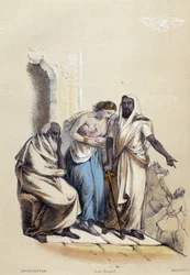 Eine weiße Frau, die ihr Baby stillt, wird in Afghanistan bestraft; Illustration zu Afghanistan in „Die zwölf Nationen“ von M. E. Fouinet.