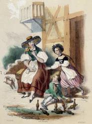 Eine Frau und 2 Kinder beim Kegeln; Illustration zur Schweiz in „Die zwölf Nationen“ von M. E. Fouinet