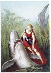 Eine Frau und ein Junge reiten auf einem Hai - in „Reise zum Meeresgrund“ von H. de la Blanchère. Paris, ed. Jouvet et Cie, sd. 1880.