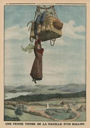 Eine Frau fällt aus der Gondel eines Ballons, Rückseitenillustration aus 