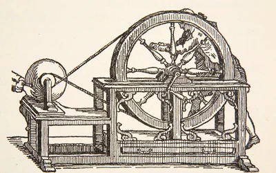 Abbe Nollets Elektrizitätsmaschine, 1746, Kopie von Boris Mestchersky, Illustration aus Histoire de la Nation Francaise, Sciences, Bände I & II, von Gabriel Hanotaux, 1924