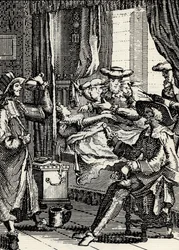 Akt II des Theaterstücks „Die Liebe als Arzt“ von Molière (1665): Lucinde, die Tochter von Sganarelle, untersucht von 4 inkompetenten Ärzten, Gravur