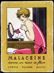 Werbepostkarte für Malacéine-Schönheitsprodukte, ca. 1920