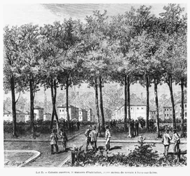 Werbung, die eine Arbeiterkolonie darstellt, Illustration aus Le Monde Illustré, 1876