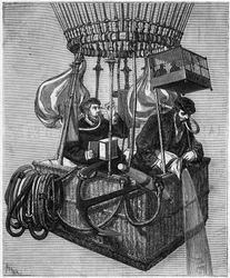 Luftfahrt: der Aufstieg des Ballons „Polarstern“ im Jahr 1874. Um Atemprobleme in großer Höhe zu bekämpfen, wurden die beiden Luftfahrer mit Sauerstoffballons ausgestattet und inhalierten durch den Mund mit einem Gummischlauch. Gravur in „Le Monde Illustré