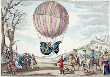 Aerostat: Der zweite Versuch, mit einem Ballon zu fliegen. Aufstieg des Wasserstoffgasballons von Charles und Robert auf der Prairie de Nesle, nahe Paris am 01.12.1783. Anonymer Druck aus dem 18. Jahrhundert. Paris, dekorative Künste