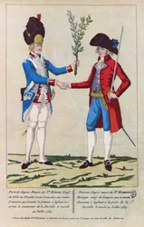 Porträt nach der Natur von Sieur Harne, Grenadier und Sieur Humbert, Uhrmacher. Sie waren die ersten Männer, die während der Eroberung der Bastille am 14. Juli 1789 angegriffen wurden. Gravur von 1790.