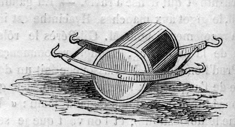 Landwirtschaftsmaschine: ein Düngerstreuer, präsentiert auf dem Pariser Landwirtschaftswettbewerb 1860. Gravur in „Le Monde Illustré“ Nr. 172 vom 28. Juli 1860