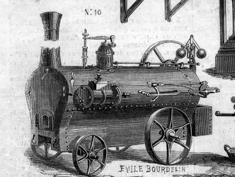 Landwirtschaftsmaschine: eine Lokomobile, präsentiert auf dem Pariser Landwirtschaftswettbewerb im Jahr 1860. Gravur in „Le Monde Illustré“ Nr. 169 vom 7. Juli 1860.
