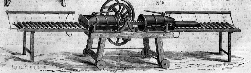 Landwirtschaftsmaschine: eine Maschine zur Herstellung von Drainagerohren, präsentiert auf der Landwirtschaftsausstellung 1860 in Paris - Gravur in „Le Monde Illustré“ Nr. 168 vom 30. Juni