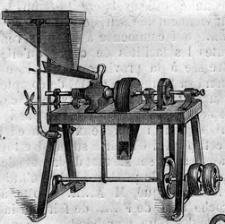 Landwirtschaftsmaschine: eine kleine Mühle auf der Landwirtschaftsausstellung 1860 in Paris. Gravur in „Le Monde Illustré“ Nr. 168 vom 30. Juni 1860