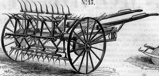 Landwirtschaftsmaschine: ein englischer Doppelheuwender, präsentiert auf dem Pariser Landwirtschaftswettbewerb im Jahr 1860. Gravur in „Le Monde Illustré“ Nr. 172 vom 28. Juli 1860.