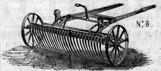 Landwirtschaftsmaschine: ein englischer Pferderechen, präsentiert beim Pariser Landwirtschaftswettbewerb 1860. Gravur in „Le Monde Illustré“ Nr. 16 vom 7. Juli 1860.