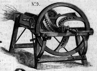 Landwirtschaftsmaschine: eine englische Strohaxt, präsentiert beim Pariser Landwirtschaftswettbewerb 1860. Gravur in „Le Monde Illustré“ Nr. 16 vom 7. Juli 1860.