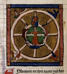 Alexander III. der Große (356-323 v. Chr.) auf dem Rad des Schicksals. Miniatur des Manuskripts 