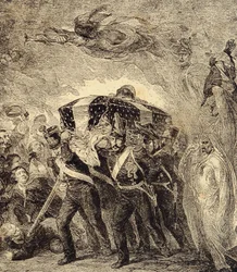 Allegorie der Rückkehr der Asche des französischen Kaisers Napoleon Bonaparte im Jahr 1840. 19. Jahrhundert (Gravur aus "Clours, mores, usages, costumes, inventions")
