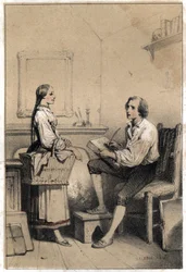 Alois Senefelder (oder Aloysius oder Aloys) oder Johann Nepomuk Franz Aloys (1771-1834), ein tschechischer Dichter und Graveur, bleibt ohne ein Blatt Papier in einem Moment der Wut und Verzweiflung, der ihn dazu brachte, alles in die Flammen zu werfen, sch