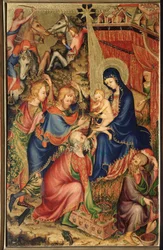 Altarolo del Bargello: Anbetung der Heiligen Drei Könige (Bargello-Diptychon, Anbetung der Heiligen Drei Könige). Anonymes Gemälde der französischen Schule des 14. Jahrhunderts, Florenz, Museo Nazionale del Bargello