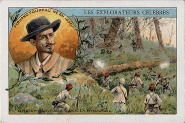 Hinterhalt im afrikanischen Busch während einer Expedition des französischen Entdeckers Frenand Fourreau (1850 - 1914). Chromolithographie des 19. Jahrhunderts