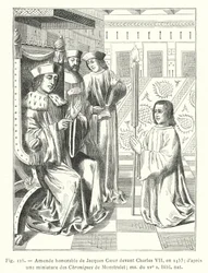 Ehrenstrafe von Jacques Coeur vor Karl VII., 1453; nach einer Miniatur aus den Chroniken von Monstrelet; ms aus dem XV. Jahrhundert, Bibl nat (Stich)