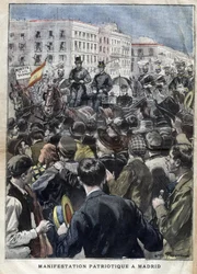 Amerikanisch-Hispanischer Krieg (oder Desastre von 1898) - patriotische Demonstration in Madrid 1898 in Anwesenheit von Königin Maria Christina von Spanien (1858-1929) - Gravur in 