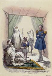Eine arabische Familie wird von einem Soldaten besucht; Illustration für Arabische Länder, in „The twelve Nations“ von M.E. Fouinet