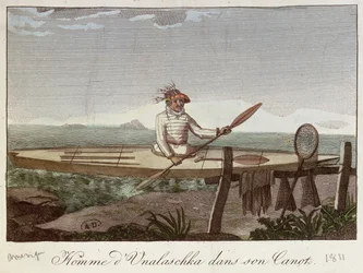 Ein Bewohner der Insel Unalaska in seinem Kanu, 1811