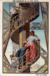 Ein Aufstieg auf den Eiffelturm: über die Treppe - Chromo. Liebig, Anfang 20. Jahrhundert