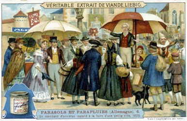 Ein Orvietan-Händler (Scharlatan) auf dem Jahrmarkt einer kleinen Stadt in Deutschland - Werbeetikett Liébig, ca. 1900