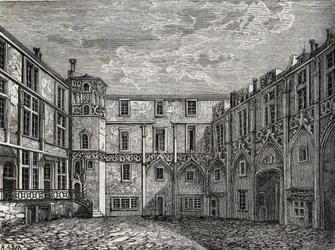 Altes Hotel de la Tromoille, rue des Bourdonnais, Paris (1. Arr.) Gravur in „Physische, zivile und moralische Geschichte von Paris: von den ersten historischen Zeiten bis zur Gegenwart“ von Jacques Antoine Dulaure