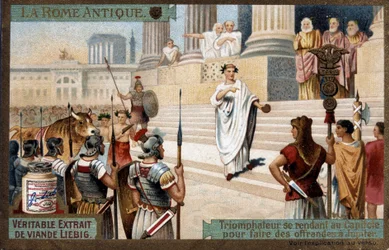 Antikes Rom: Triumphator zum Kapitol, um Jupiter Opfer darzubringen - Chromolithografie Liébig, ca. 1900