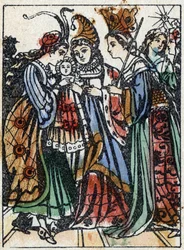 Anonyme Illustration zu „Dornröschen“, Märchen von Charles Perrault (1628-1703), französischer Schriftsteller. Holzstich von Imaging Pellerin - Epinal, sd. Ende des 19. Jahrhunderts.