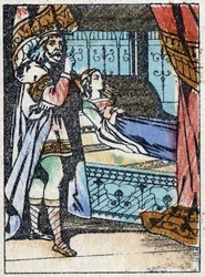 Anonyme Illustration für „Dornröschen“, Märchen von Charles Perrault (1628-1703), französischer Schriftsteller. Holzschnitt von Imaging Pellerin - Epinal, sp. Ende des 19. Jahrhunderts