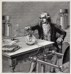 Antoine Laurent de Lavoisier (1743-1794) führt ein Experiment durch - in „Physique populaire“ von Emile Desbeaux