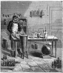 Apparat von Eugene Soubeiran (1797-1858) zur Herstellung von Natron - Gravur in „Sciences à la portée de tous - Physik und Chemie für alle“ von Alexis Clerc - Ende des 19. Jahrhunderts - Private Sammlung.