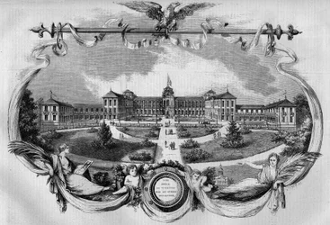 Architektur: Fassade des als „Kaiserliche Anstalt von Vincennes“ bekannten Krankenhauses für genesende Arbeiter, das 1857 eingeweiht wurde. Heute heißt es „Nationalkrankenhaus Saint-Maurice“, Saint-Maurice (94). Stich in „Le Monde Illustré“ Nr. 20 vom 29.